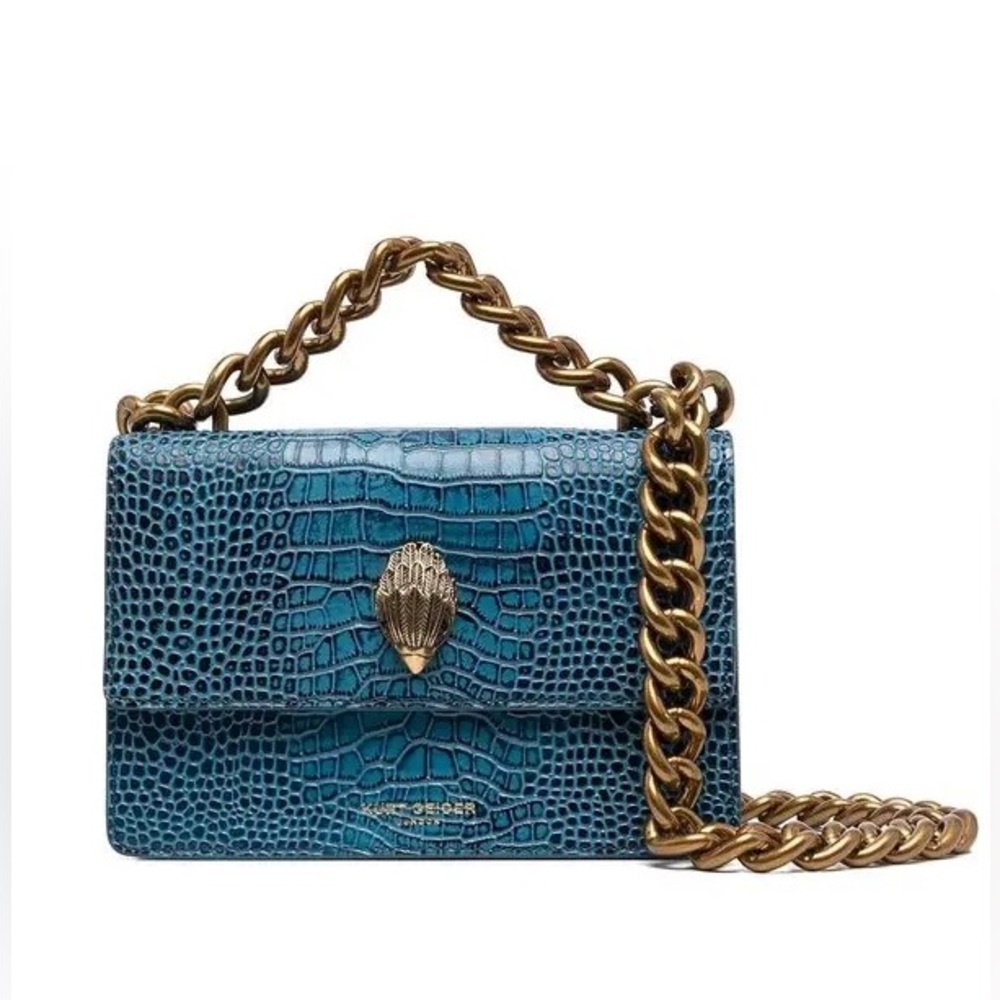 Kurt Geiger Shoreditch Croc Blue Leather Azure Gold Chain Crossbody Small Bag